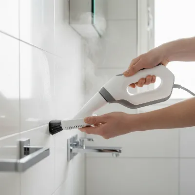 A person using a compact steam cleaner to clean a small apartment bathroom, highlighting its effectiveness and ease of use.