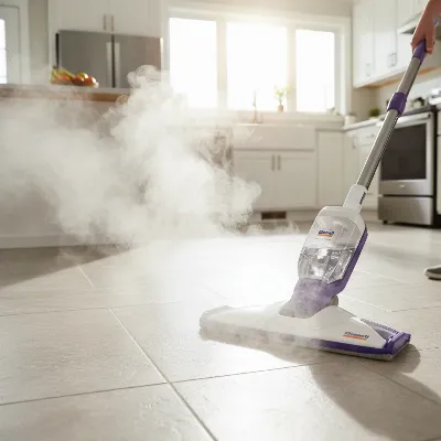 A Bissell PowerFresh Deluxe Steam Mop confidently cleaning a tiled kitchen floor, showcasing steam and a clean path behind it.