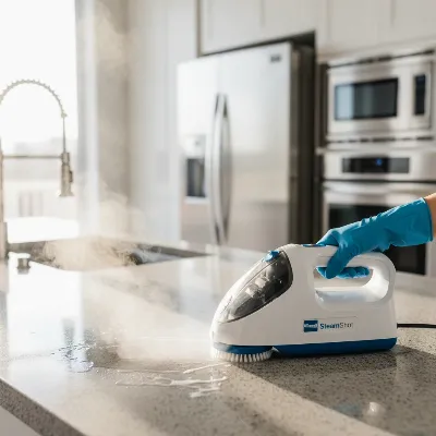 Bissell SteamShot handheld steam cleaner with various nozzles cleaning kitchen counter.