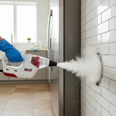 Bissell SteamShot tackling tough grime on kitchen tiles with specialized attachment