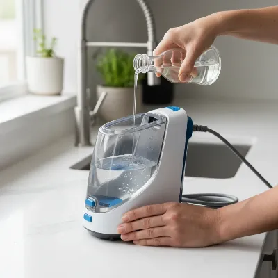 Hand safely descaling a steam cleaner with a white vinegar solution.