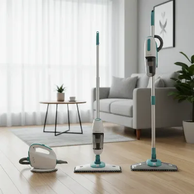 Various types of compact steam cleaners for apartments: handheld, steam mop, and multi-purpose.