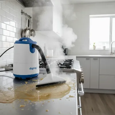 Dupray Neat steam cleaner cleaning a greasy kitchen stovetop.