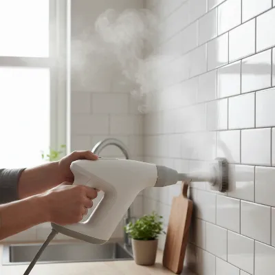 A person uses a handheld steam cleaner to clean kitchen tiles, showing steam coming out of the nozzle in a compact apartment kitchen. Natural light, realistic photo style.
