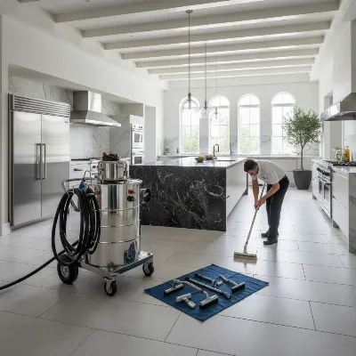 A heavy-duty steam cleaner with multiple attachments cleaning a commercial-style kitchen in a large home, showcasing versatility.