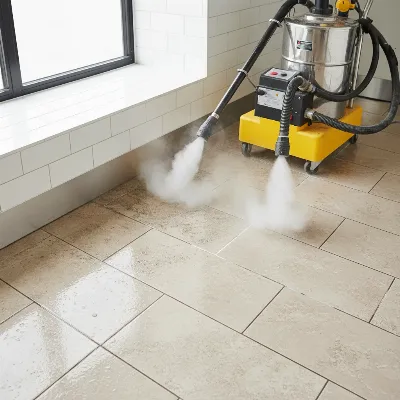 A heavy-duty steam cleaner revitalizing a large tiled floor, with steam visible and half of the floor sparkling clean.