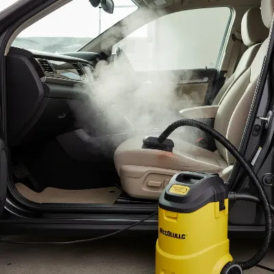 McCulloch MC1385 Deluxe Canister Steam Cleaner tackling car interior grime with steam