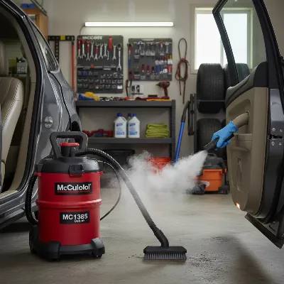 McCulloch MC1385 Deluxe Canister Steam Cleaner cleaning car upholstery.