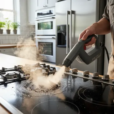 A person steam cleaning a kitchen stovetop with a multi-purpose steam cleaner