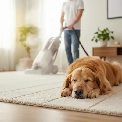 A friendly dog lying on a clean carpet as a steam cleaner operates in the background, showcasing a fresh home environment.