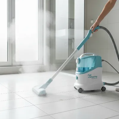 Polti Vaporetto Smart 100 Steam Cleaner in action, cleaning a tiled floor with visible steam.