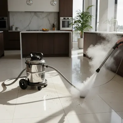 Powerful commercial steam cleaner tackling tough stains on a tiled kitchen floor in a large home