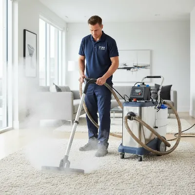 A professional carpet cleaner operating a powerful steam cleaning machine on a plush carpet in a bright, modern living room.