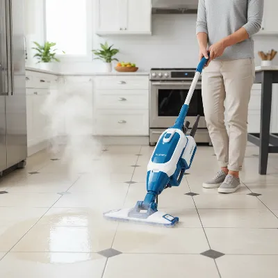 PurSteam 10-in-1 steam mop with detachable handheld unit, cleaning a tiled floor.