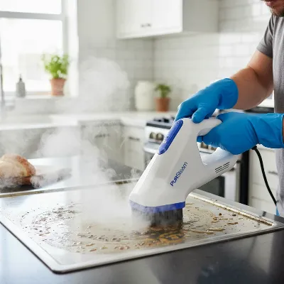 PurSteam handheld steam cleaner effectively cleaning kitchen countertops and stovetops with various attachments.