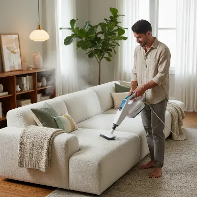 Person using PurSteam handheld steam cleaner with a fabric attachment to refresh a sofa, highlighting chemical-free cleaning.