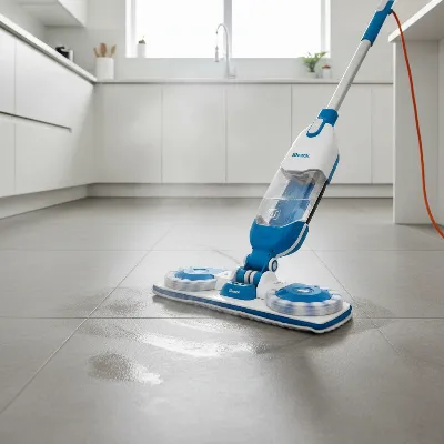 A Shark Steam & Scrub Automatic Corded Steam Mop effectively cleaning a modern kitchen with grey tile floors, showing its rotating pads in action.