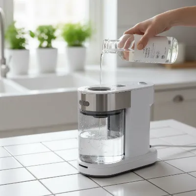 A close-up of a steam cleaner's water tank being descaled with a vinegar solution.