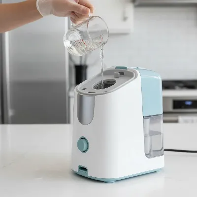 Person pouring descaling solution into a steam cleaner tank to remove mineral buildup and restore steam.