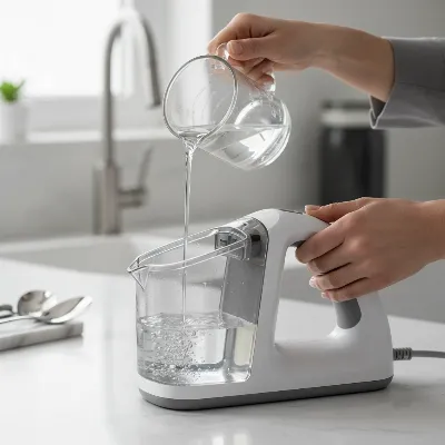 Person carefully pouring white vinegar solution into a steam cleaner tank for descaling