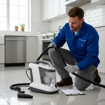 Technician checks steam cleaner power cord and water tank