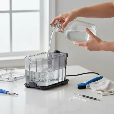 Maintaining a steam cleaner by descaling with a vinegar solution for optimal performance and longevity.