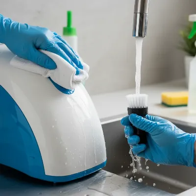 Person wiping down a steam cleaner for maintenance