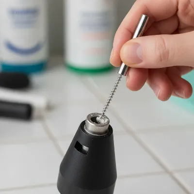 Person cleaning a clogged steam cleaner nozzle with a small brush.