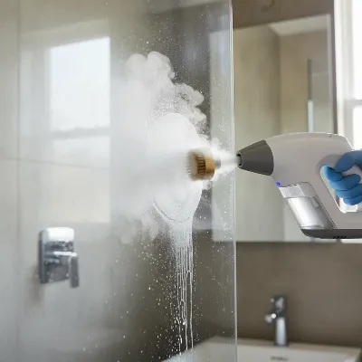Steam cleaner effectively removing hard water stains from a glass shower door with a brush attachment and acidic pre-treatment.