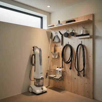 A neatly stored steam cleaner with all its accessories organized beside it.