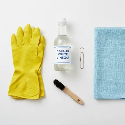 Tools for unclogging a steam cleaner nozzle, including vinegar, paperclip, brush, and gloves.