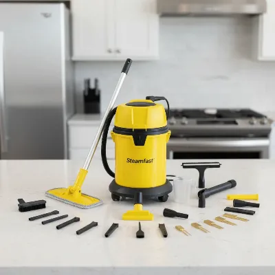 Steamfast SF-370 canister steam cleaner with its versatile attachments on a clean kitchen counter.