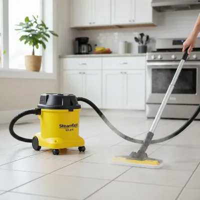 A Steamfast SF-370 Multipurpose Steam Cleaner being used to clean a tiled kitchen floor, with a person's hand guiding the mop attachment. 