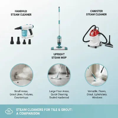 Illustrative comparison of different steam cleaner types: handheld, mop, and canister models, highlighting their design for tile and grout.