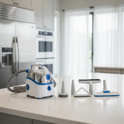A versatile kitchen steam cleaner with various attachments displayed on a clean kitchen counter